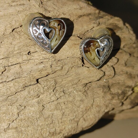 Brighton Stud Earrings Winslow Brown Heart Post Silver Tone Resin Heart Design - Picture 7 of 9